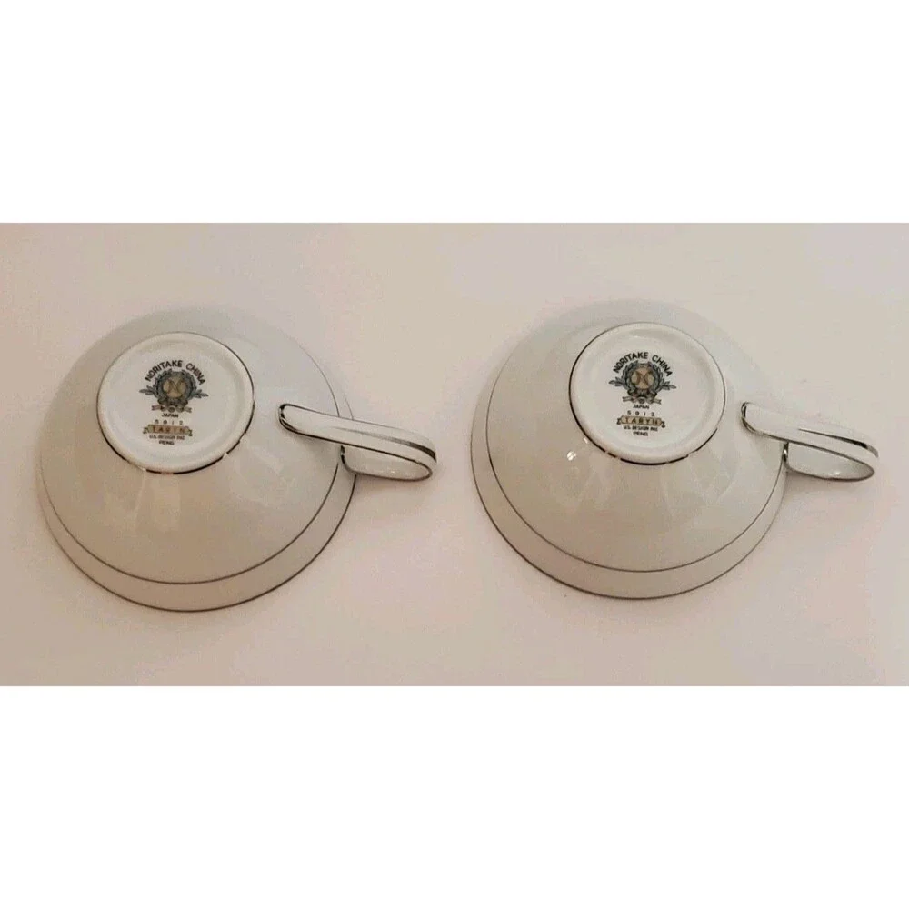 Noritake Teacups Saucer Japan Taryn 5912 Silver White Floral China 3 Pc Set Vtg